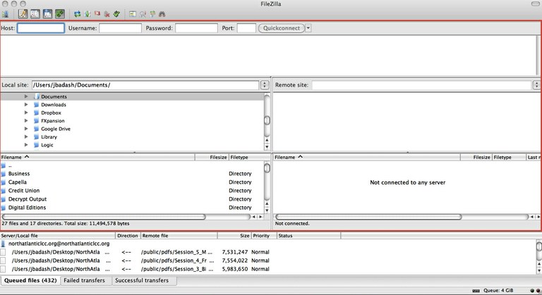 Screenshot of FileZilla's opening window. The area that we will using the most is enclosed in the red box: