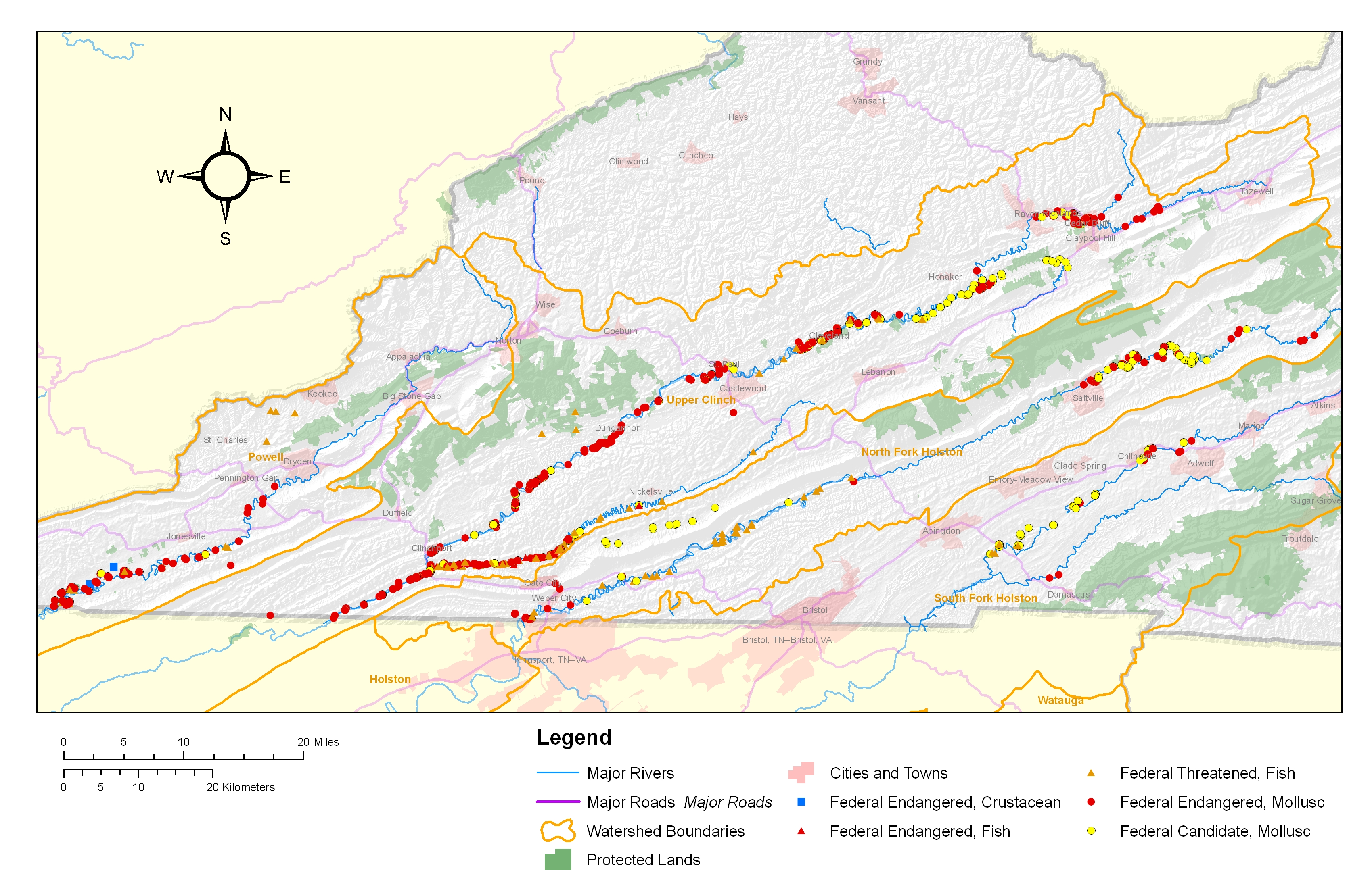 Map of Federally Listed Aquatic Species in Virginia Portion of UTRB